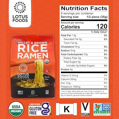 Lotus Foods Organic Millet & Brown Rice Ramen - Gluten Free Ramen Noodles, Whole Grain Ramen Noodles, Organic Vegan Ramen, Low Sodium Rice Noodles, Organic, Gluten-Free, Vegan - 10 Oz Bags (Pack Of 3)