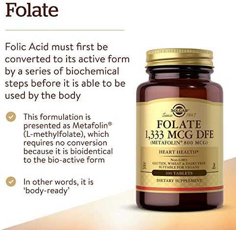 Solgar Folate 1,333 mcg DFE, 100 Tablets - 800 mcg Bio-Active Metafolin - Heart Health - Non-GMO, Vegan, Gluten Free, Dairy Free, Kosher - 100 Servings