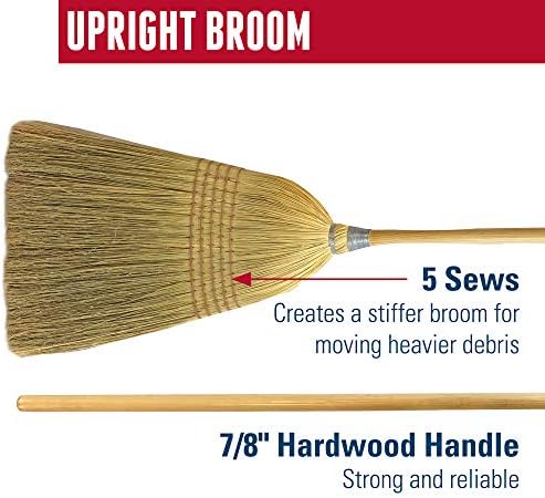 Weiler 95033 Heavy-Duty Corn Broom with Wooden Handle, 5 Sews, 100% Natural Corn Fill for Indoor or Outdoor Sweeping