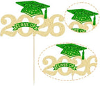 Ephlyn 1Pcs Class of 2026 Cake Topper Glitter Graduation Cap Cake Pick 2026 Congrats Grad Cake Decoration for 2026 Theme Party Decorations Supplies Gold Green