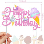 Ice Cream Happy Birthday Cake Topper - Pink Glitter Themed Party Decorations for Kids, Boys, Girls - Summer Party Supplies and Favors