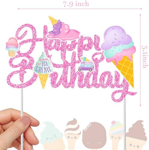 Ice Cream Happy Birthday Cake Topper - Pink Glitter Themed Party Decorations for Kids, Boys, Girls - Summer Party Supplies and Favors