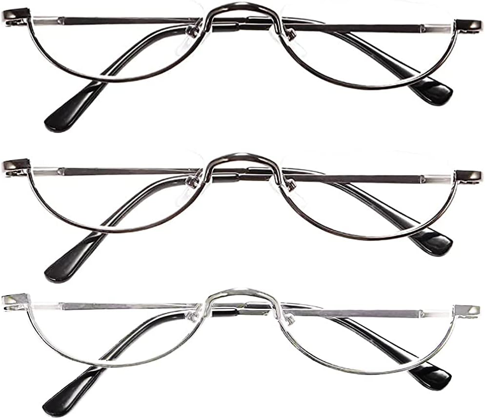REAVEE 3 Pack Retro Designer Alloy Half Moon Reading Glasses for Women Men Half Frame Spring Hinge Stylish Slim Reader with Pouch, Black Grey and Silver, 2.25