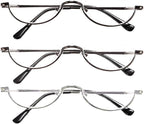 REAVEE 3 Pack Retro Designer Alloy Half Moon Reading Glasses for Women Men Half Frame Spring Hinge Stylish Slim Reader with Pouch, Black Grey and Silver, 2.25