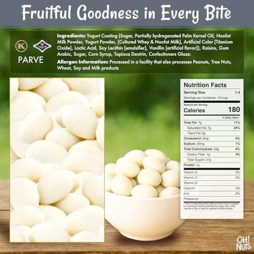 Oh! Nuts Yogurt Covered Raisins - 200pcs/1lb - Sweetened Dehydrated Creamy Yogurt Fruit Bites - Packed in New York Zip-Seal Bag for Exceptional Freshness