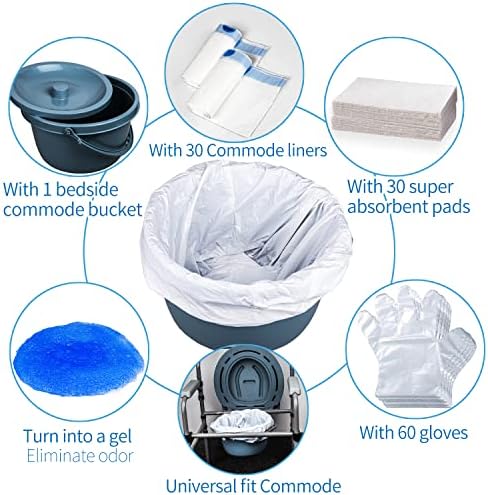 Commode Bucket with Liners and Absorbent Pads - Commode Bucket Replacement Universal Fit - 30 Disposable Bedside Commode Liners and 30 Pads for Adult Commode Chairs, Portable & Camping Toilet Bags