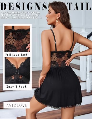 Avidlove Women Chemise Night Gown Lace Modal Sleepwear V-Neck Full Slip Babydoll Lingerie Sexy Nightgowns
