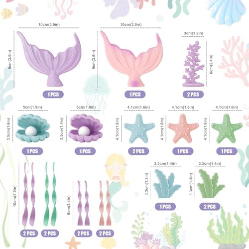 21pcs Mermaid Cake Topper - Mermaid Tail Cake Decorations with Seaweed Shells Starfish Coralal Under the Sea Cake Decorations for Birthday Party Decorations (Pink Purple)