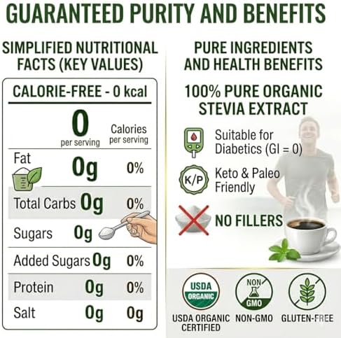 Pure Organic Stevia Extract stevia Powder sweetener stevia packet– 8 oz (Zero Calorie, Keto & Diabetic Friendly) – Reduced bitter aftertaste Natural Sugar Substitute for Baking & Beverages – Non-GMO, Gluten-Free, sugar free