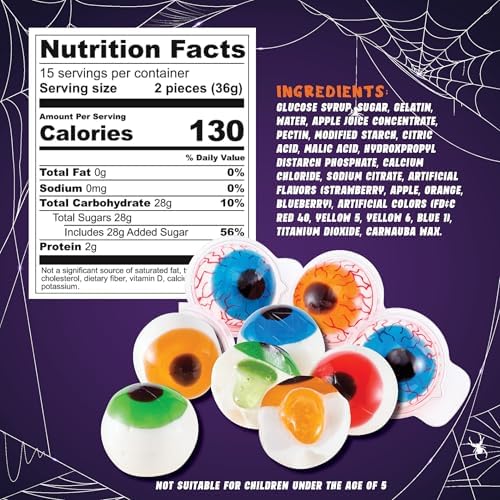 30 Gummy Eyeballs, Spooky Eyeball Candy in 4 Flavors, Soft Gummies with Fruity Jelly Filling, Individually Wrapped, By 4YoreElves (19 oz)