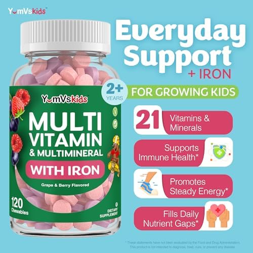 YumVs Kids Multivitamin with Iron & Minerals Chewable Tablets – Grape & Berry Flavor Vitamins for Toddlers & Children Age 2+ – Daily Multivitamin for Immune Support – Kosher, Non-GMO – 120 Chewables
