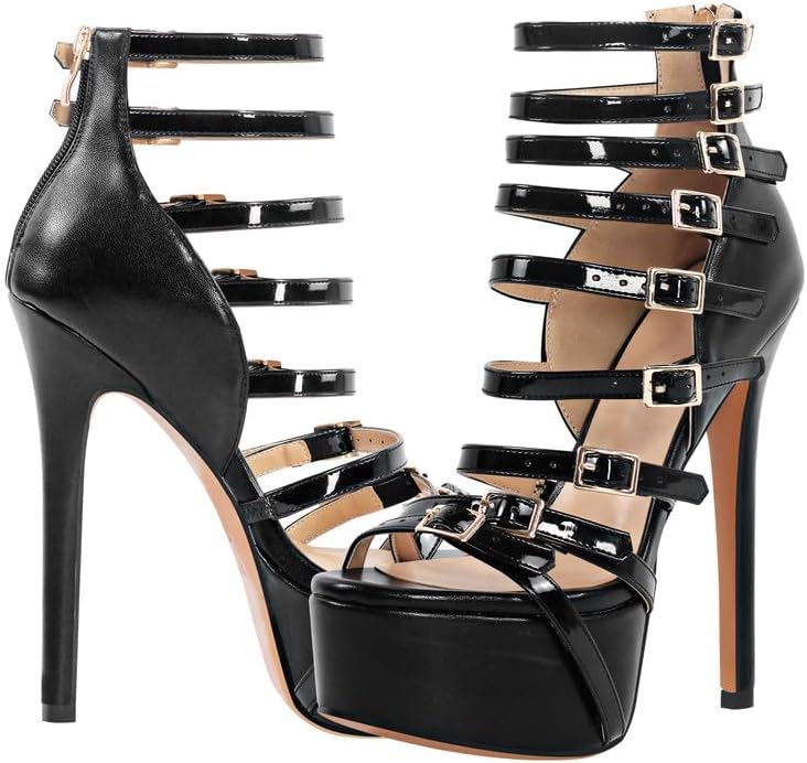 onlymaker Peep Toe Platform Stiletto Sandals Buckle Strap Zip up Gladiator High Heeled Party Shoes