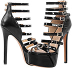 onlymaker Peep Toe Platform Stiletto Sandals Buckle Strap Zip up Gladiator High Heeled Party Shoes