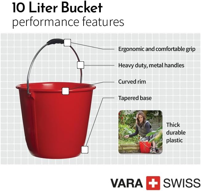 Consolidated Plastics 10 Liter Food Safe Bucket with Metal Handle, Swiss Made, Sturdy & Easy to Clean (Red)