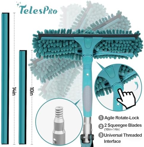 TelesPro 20 Feet High Reach Window Squeegee with 5-12Ft Extension Pole, Window Cleaner Tool with 3-Stage Telescoping Pole, Window Cleaning Kit with Rotatable Head (2 Squeegee & 2 Microfibre Cloths)