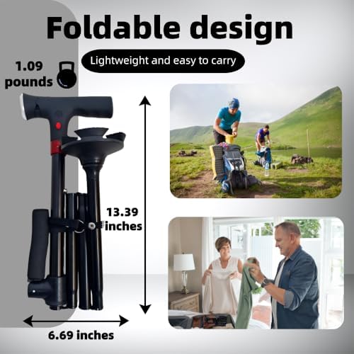 Folding Walking Cane for Men & Women-Lightweight Adjustable Walker Cane with Non-Slip Handle,360° Rotating Base,LED Light, Emergency Alarm Button & Wrist Strap-Senior Canes for Daily Walking
