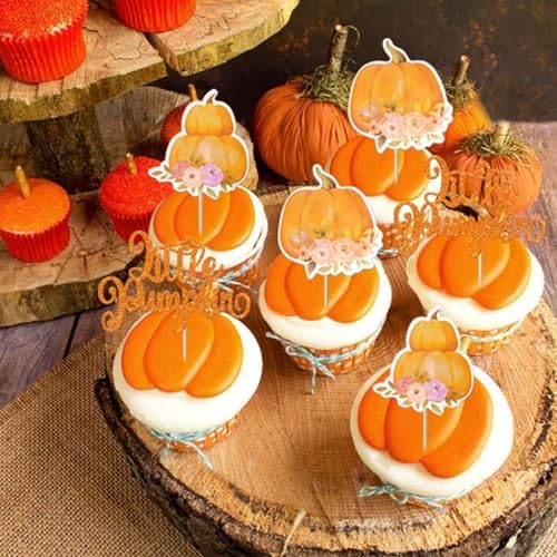 Rsstarxi 36 Pack Little Pumpkin Cupcake Toppers Baby Shower Decorations Birthday Cupcake Picks for Fall Party Cake Decorations Orange