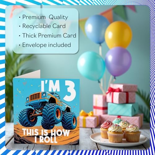 Stuff4 3rd Birthday Cards for Boys - Monster Truck This Is How I Roll - Happy Birthday Card for 3 Year Old Boy Cousin Grandson Nephew Step Son, 5.7 Inch Bday Greeting Cards