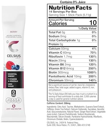 CELSIUS On-the-Go Powder Stick Packs, Zero Sugar (14 Sticks per Pack), Berry, 2.5 Ounce, (Pack of 14)