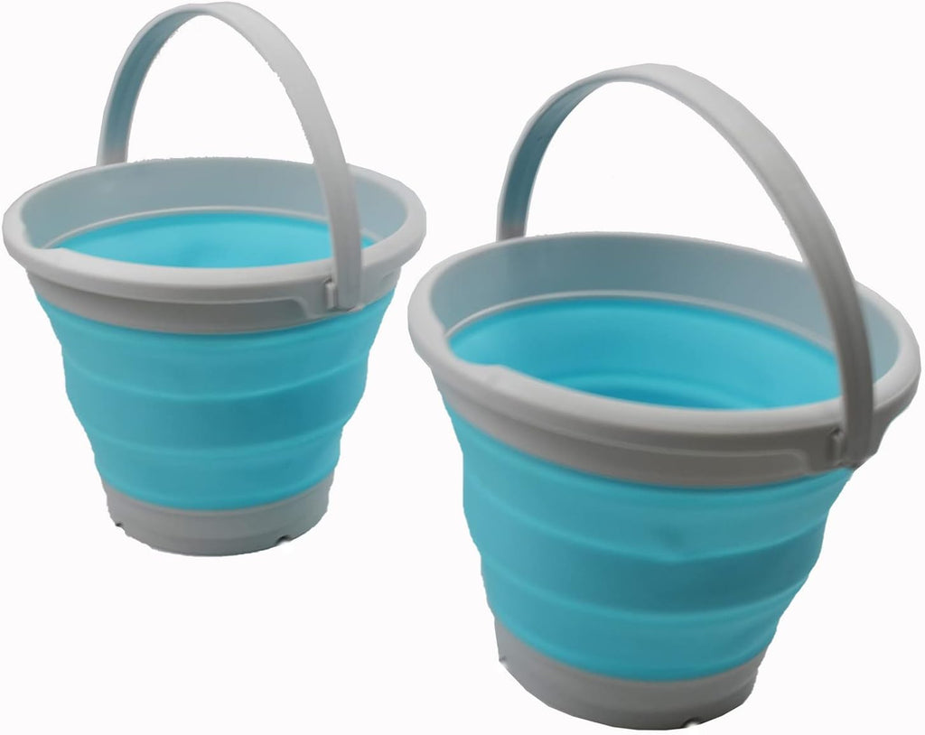 SAMMART 5.5L (1.4 Gallon) Collapsible Plastic Bucket - Foldable Round Tub - Portable Fishing Water Pail - Space Saving Outdoor Waterpot (Grey/Cyanine (Set of 2))