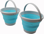 SAMMART 5.5L (1.4 Gallon) Collapsible Plastic Bucket - Foldable Round Tub - Portable Fishing Water Pail - Space Saving Outdoor Waterpot (Grey/Cyanine (Set of 2))