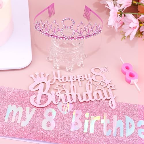 8th Birthday Party Decorations Set for Girls- Pink Crown, Glitter Sash, Number 8 Candle & Cake Topper Kit for Birthday Celebrations Party Supplies Gift