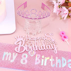 8th Birthday Party Decorations Set for Girls- Pink Crown, Glitter Sash, Number 8 Candle & Cake Topper Kit for Birthday Celebrations Party Supplies Gift