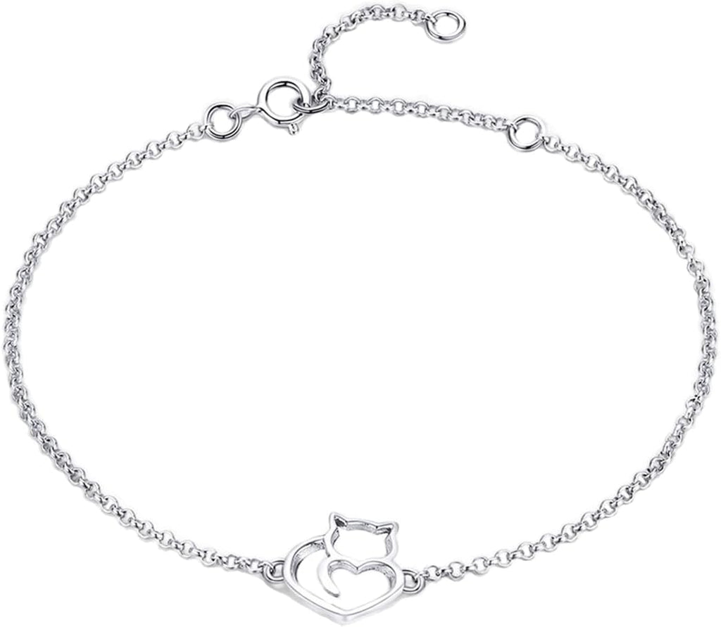 925 Sterling Silver Chain Bracelet with Cat Love Heart Charm Adjustable Plated Gold Bracelets with Chain Length 6.5in-7.9in, Best Jewelry Gifts for Women Cat Lovers