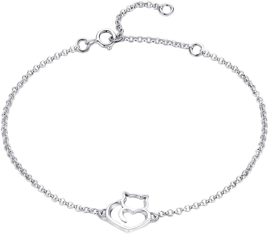925 Sterling Silver Chain Bracelet with Cat Love Heart Charm Adjustable Plated Gold Bracelets with Chain Length 6.5in-7.9in, Best Jewelry Gifts for Women Cat Lovers