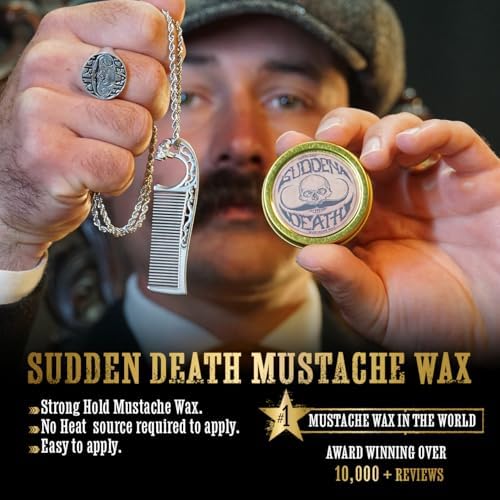 Mustache Wax Strong Hold Sudden Death 1 oz Tin & Necklace Death Grip Mustache Comb Mens Combo Kit - Grooming For Men Handlebar Moustache