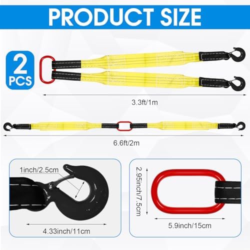 2 Pack Lifting Slings Straps with Hooks Web Slings Capacity Polyester Bridle Sling Heavy Duty Two Leg Lifting Straps for Engines Cranes Hoists Truck (3.3ft,Yellow)