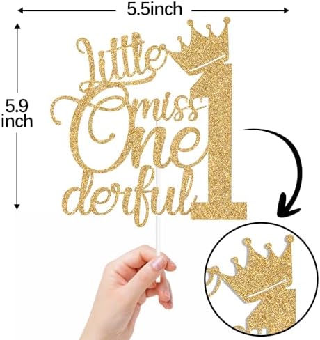 Gold Glitter Little Miss Onederful Cake Topper, One/My 1st Birthday, Baby's 1st Birthday Baby Shower Party Decorations Supplies