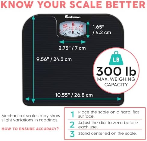 Adamson A21 Analog Scales for Body Weight - Up to 300 LB - New - Anti-Skid Rubber Surface - Large Numbers - Analog Bathroom Scale - Affordable - Durable with 20-Year Assurance - Full Black