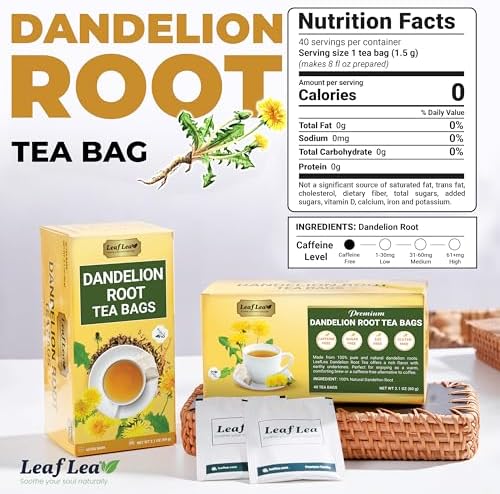LeafLea 40 Dandelion Root Tea Bags, Dandelion Tea Supports Wellness and a Balanced Lifestyle, Natural Dried Dandelion Root, Vegan, No Sugar, Caffeine-Free