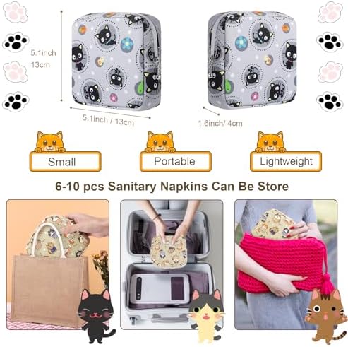Period Bag Pouch, Canvas Sanitary Napkin Storage Bag for Girls Womens, Portable Sanitary Napkin Period Pad Pouch for Purse, Small Make Up Bags(Gray Cat)