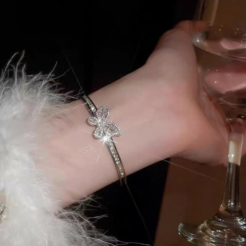 Sparkly Rhinestones Butterfly Open Layered Bangle Bracelet for Women Cubic Zirconia Fashion Dainty Double Layer Crystal Adjustable Wrap Cuff Bracelets Wrist Hand Jewelry Prom Party Gift for Her