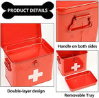 First Aid Kit, First Aid Medicine Supplies Bin - 2-Tier Metal Medicine Storage Tin, Samll First Aid Box with Removable Tray for Home & Workplace Emergency Tool Set - Red
