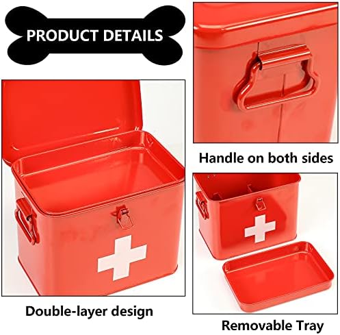 First Aid Kit, First Aid Medicine Supplies Bin - 2-Tier Metal Medicine Storage Tin, Samll First Aid Box with Removable Tray for Home & Workplace Emergency Tool Set - Red