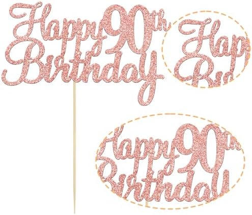Gyufise 1Pc Happy 90th Birthday Cake Topper Glitter 90th Birthday Cake Pick Cheers to 90 Years Old Ninety Fabulous Cake Decorations for 90th Birthday Theme Party Supplies Rose Gold