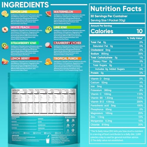 Electrolytes Powder Packets Sugar Free, 30 Sticks High Sodium Hydration Packets, Electrolyte Drink Mix with Lemon Lime Watermelon Peach Berry Kiwi Tropical Punch Lychee Cranberry, 10.5OZ