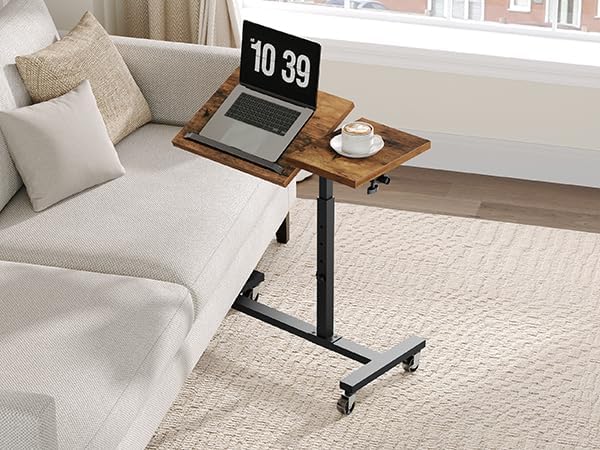 MAHANCRIS Overbed Table with Wheels, Height Adjustable Overbed Bedside Table, Tilting Desktop Mobile Standing Desk, C-Shaped Side Table for Livingroom or Bedroom, Rustic Brown and Black ETHR6801