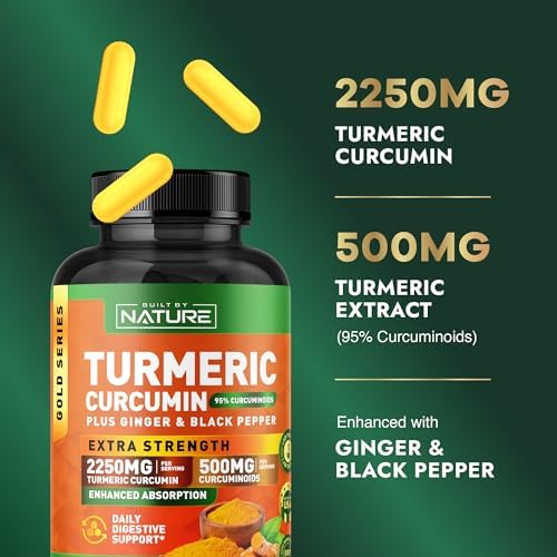 Built by Nature Turmeric Curcumin 2250mg – 95% Curcuminoids with Ginger & Black Pepper for High Absorption – Extra Strength Joint Support – Non-GMO, Vegan - 90 Capsules