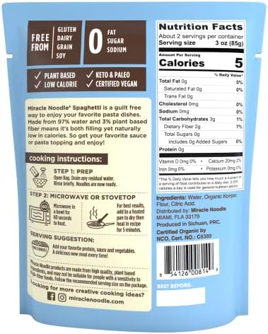 Miracle Noodle Ready to Eat Organic Spaghetti Pasta, 7 Oz (Pack of 6), Plant Based Shirataki Konjac Noodles, 5 Calories, 1g Net Carbs Per Serving, Keto, Gluten-Free