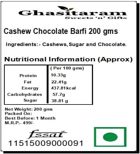 Ghasitaram Gifts Valentine Gifts - indian Sweet - dryfruit sweets Cashew Chocolate Barfi 200 gms