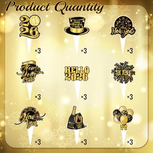 2026 New Year Cake Topper, 36Pcs Black Gold Elegant Cupcake Toppers for New Year's Eve Party Decoration Supplies