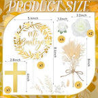 9 Pcs Mi Bautizo Cake Topper Gold Cross and Dried Flower Decor Set First Holy Communion Baptism Cake Pick Religious God Bless Baptism Cake Decoration for Celebration Milestones Decor