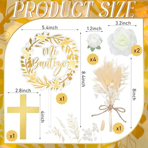 9 Pcs Mi Bautizo Cake Topper Gold Cross and Dried Flower Decor Set First Holy Communion Baptism Cake Pick Religious God Bless Baptism Cake Decoration for Celebration Milestones Decor