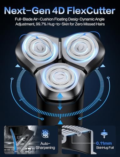 Electric Razor for Men, 4D Floating Rotary Razor, Wet & Dry Waterproof IPX7, USB-C Fast Charging, LED Display, Adaptive Speed Control, Low Noise Cordless Electric Razor with Travel Lock