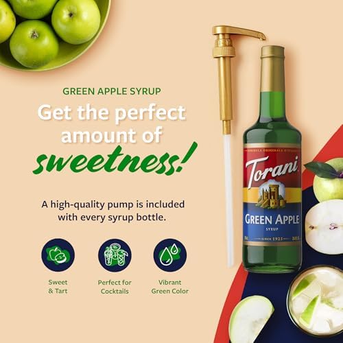Torani Green Apple Syrup for Drinks, Flavoring for Sodas and Cocktails, Glass Bottle with Pump Included, 25.4 Fl Oz
