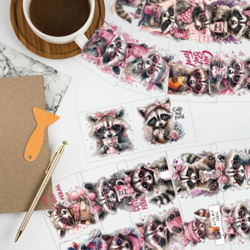 arricraft 10 Sheets Raccoon UV DTF Cup Wrap, 10 Styles Pink Raccoon Cute Animal Rub on Transfers PVC Paper Waterproof Rub Decals for DIY 16OZ Glass Cups Furniture Wood Crafts